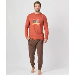 Hombre MUNICH Pijamas<Pijama hombre dos piezas de algodón naranja-marrón.