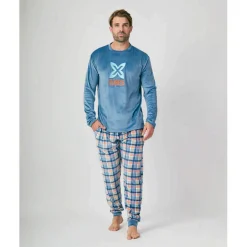 Hombre MUNICH Pijamas<Pijama hombre dos piezas de terciopelo celeste-estampado.