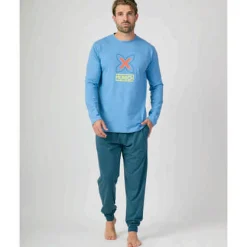 Hombre MUNICH Pijamas<Pijama hombre dos piezas de algodón celeste-marino.